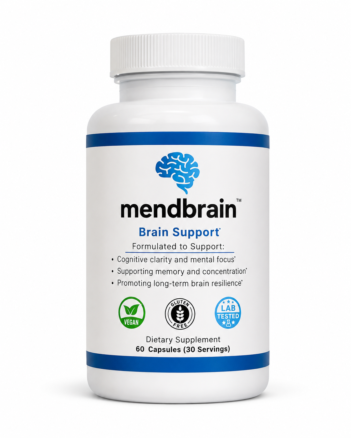 Mendbrain daily brain support supplement bottle, front view