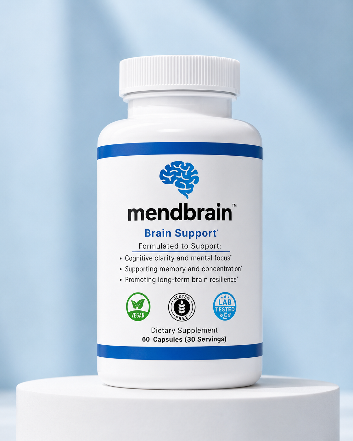 Mendbrain supplement bottle, supplement facts and ingredients panel